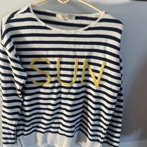 LOFT Women's Navy and White Striped Sweater with Yellow SUN Design